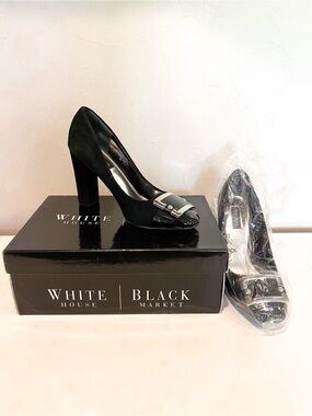 White House Black Market black patent leather block heels with silver buckle